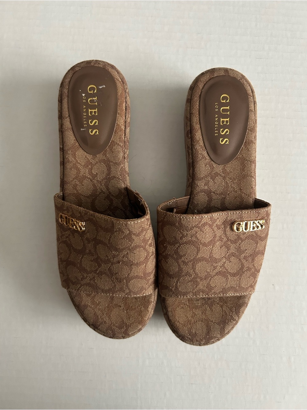 GUESS Brown Monogram Slide Sandals with Gold Logo